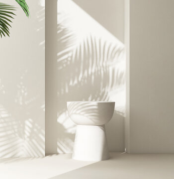 Cream white round podium table in sunlight, palm tree leaf shadow on wall for interior design decoration, luxury organic beauty, cosmetic, skincare, body care, fashion product display background 3D