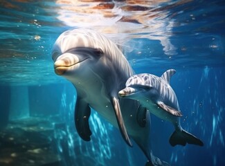 Fototapeta premium Dolphins swimming in the ocean. 3d rendering. Virtual reality.