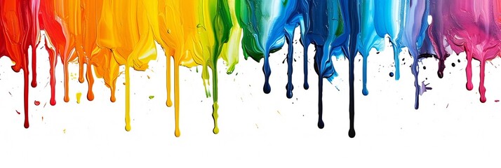 Colorful paint dripping isolated on white. Rainbow colored paint dripping on white background. - obrazy, fototapety, plakaty
