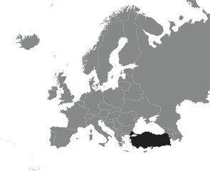 Black CMYK national map of TURKEY/TURKIYE inside detailed gray blank political map of European continent on transparent background using Mercator projection