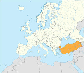 Orange CMYK national map of TURKEY/TURKIYE inside detailed beige blank political map of European continent with rivers and lakes on blue background using Mercator projection