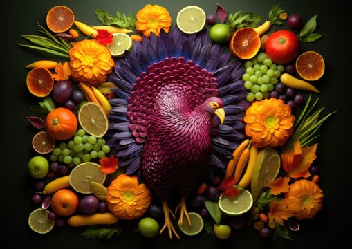 A conceptual art photograph featuring a Thanksgiving turkey made entirely out of vegetables,