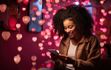 African American woman using smartphone at valentine's day