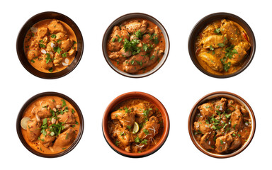 Collection bowl of tasty chicken curry dish from Indian cuisine isolated on a transparent background, top view