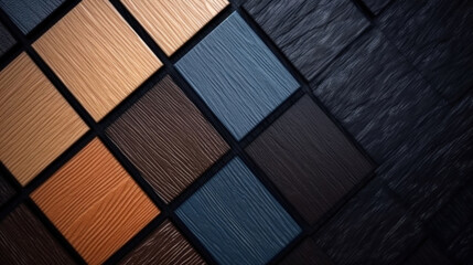 Samples of laminate and vinyl floor tile on black wooden background. Top view - obrazy, fototapety, plakaty