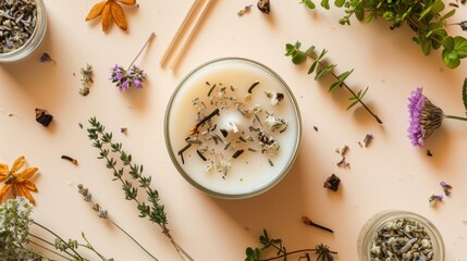  a glass filled with a liquid surrounded by flowers and a pair of chopsticks on top of a table.