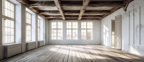 Empty white room with wooden floor and wooden ceiling.