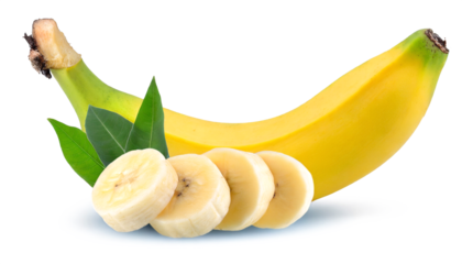Whole banana and slices cut with leaves isolated on white background