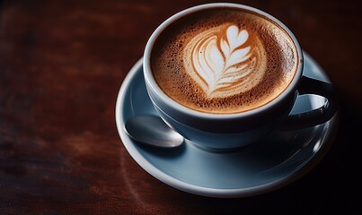 Obraz premium Cup of freshly made cappuccino coffee on wooden table.