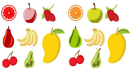 Fruits. Set of Colorful Cartoon Fruit Icons. Apple. Pear. Strawberry. Orange. Banana. Cherry. Kiwi. Lemon. Mango. Vector Isolated