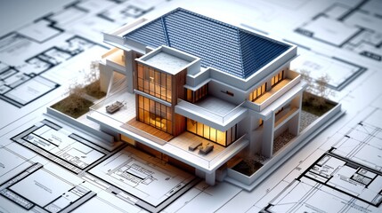 A 3D architectural model of a house over blueprints.