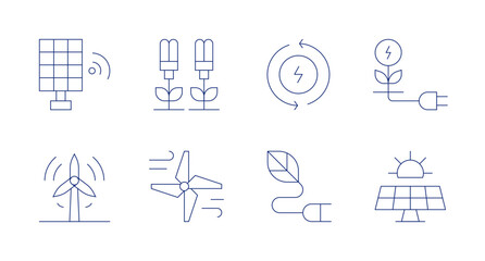 Renewable energy icons. Editable stroke. Containing solar panel, plant, wind power, wind energy, renewable energy, eco energy, electricity.