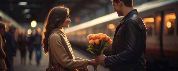 Young man giving bouquet of roses to his girlfriend at train station. - Powered by Adobe