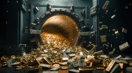 A vault overflowing with gold bars and cash.