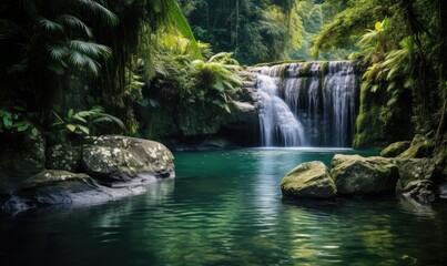 Amazing tropical forest with beautiful lake and fast flowing waterfall over boulders in background.