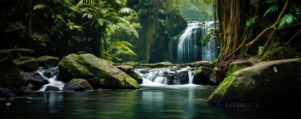 Amazing tropical forest with beautiful lake and fast flowing waterfall over boulders in background.