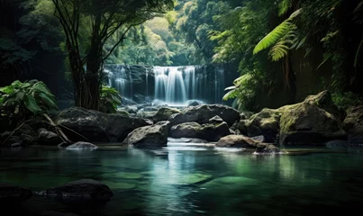 Poster Amazing tropical forest with beautiful lake and fast flowing waterfall over boulders in background. © Filip