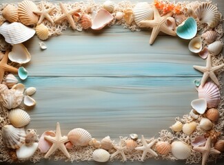 Frame made of seashells and starfish on blue wooden background