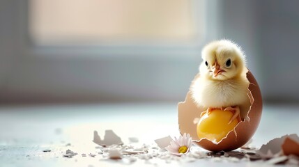 Cute little chicken coming out of an Easter egg. little chicken and broken egg