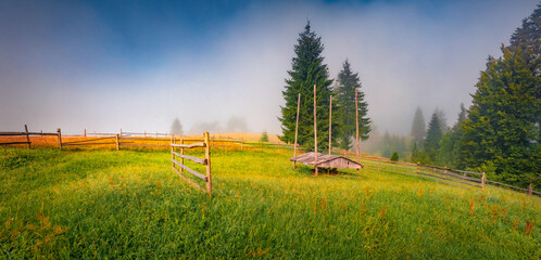 Panoramic summer view of Carpathian pasture, Stebny, Ukraine, Europe. Sunlight breaks through the...