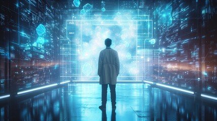 A figure standing in front of a futuristic, holographic interface.