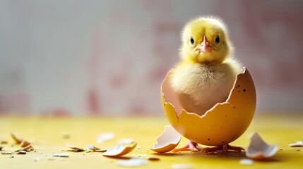 Cute little chicken coming out of an Easter egg. little chicken and broken egg