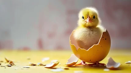 Foto op Plexiglas Cute little chicken coming out of an Easter egg. little chicken and broken egg © kilimanjaro 