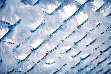Huge hoar frost crystal accumulation on a chain link fence grid surface. Fantastic snowy texture of frozen fence.  Untouched winter landscape. Bright icy wall use as Christmas background. - Powered by Adobe