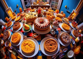 Fototapeta premium A fish-eye shot of a table laden with Thanksgiving desserts, capturing the array of pies, cakes,