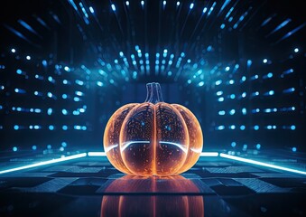 A futuristic image of a Thanksgiving pumpkin displayed in a high-tech exhibition, with holographic