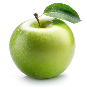 Green apple with leaf on white background