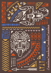 Abstract ancient ornament poster. Tribal symbols, cultural elements on aztec print, peruvian pattern. Ornamental wall art in boho style. Maya background with ethnic shapes. Flat vector illustration