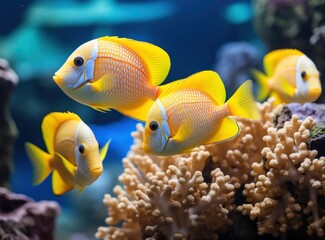 Tropical fish in the aquarium. Beautiful underwater world with corals and tropical fish