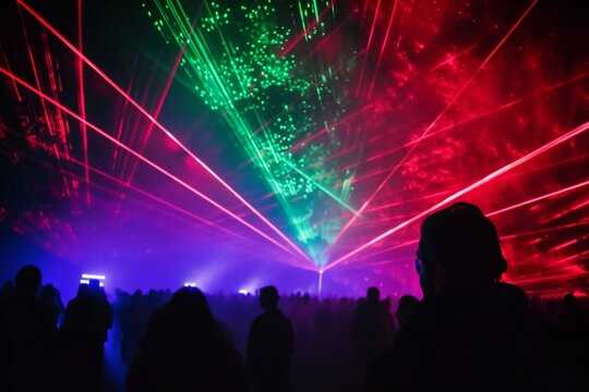 Party laser show light effect for disco dance club. Nightclub abstract iridescent color neon ray