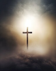 The Empty Cross, hazy, worship background art, Christianity, copy space - generative ai