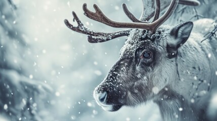  a close up of a deer with antlers on it's head in a snowy forest with snow falling on the ground.