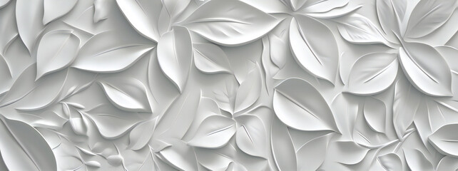 White paper leaves 3d background. White 3d floral wall. textured floral pattern - obrazy, fototapety, plakaty