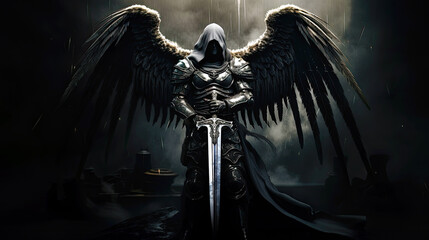 Eternal warrior with angel wings holding legendary sword. Postproducted generative AI illustration. - obrazy, fototapety, plakaty