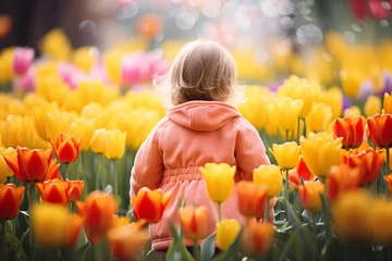 Fototapeten Back view of small girl child in field of colorful tulip spring flowers © Firn