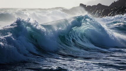  a large wave in the ocean with a rock in the middle of the ocean and a rock outcropping in the background.