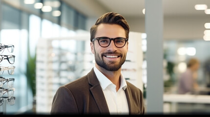 Fototapeta premium Healthcare, Eyesight And Vision Concept. Happy man choosing glasses at optics store, selective focus.