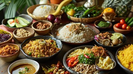  a table topped with lots of different bowls filled with different types of food next to bowls filled with different types of food.