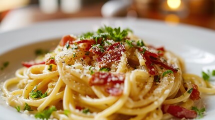  a close up of a plate of spaghetti with bacon and parmesan sprinkled on top of it.