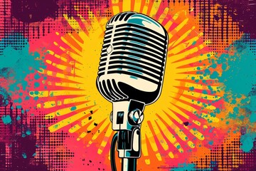 A colorful illustration of a vintage microphone against a pop art background. - obrazy, fototapety, plakaty