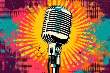Foto op Plexiglas A colorful illustration of a vintage microphone against a pop art background. © ParinApril