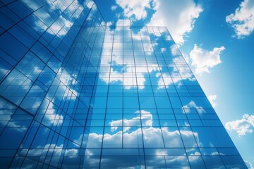 Reflection of clouds on the glass facade of a building.
