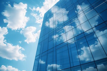 Reflection of clouds on the glass facade of a building.