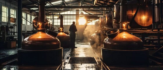 Industrial equipment for brandy production. Copper still machine to produce spirits. - obrazy, fototapety, plakaty