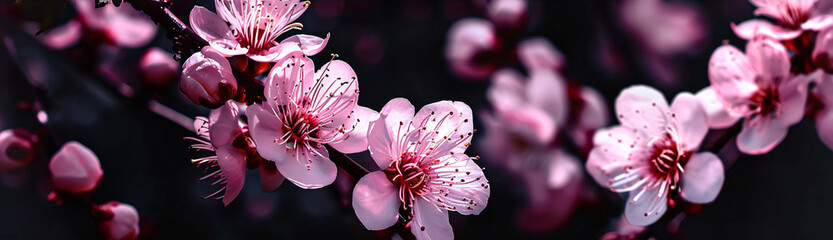 Flowering pink Cherry flowers on black background. Opening Sakura flowers on branches Cherry tree