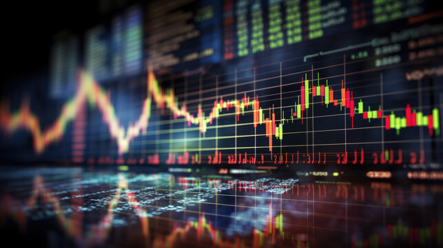 Close-up of a financial trading screen displaying market data with various colored candlestick charts, numerical values, and trend lines indicating stock performance.